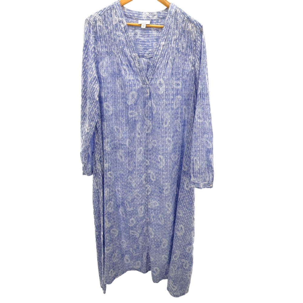 Pure Jill XL Blue Paisley Dobby Long Sleeve Maxi Dress Coastal Casual Flowy Boho